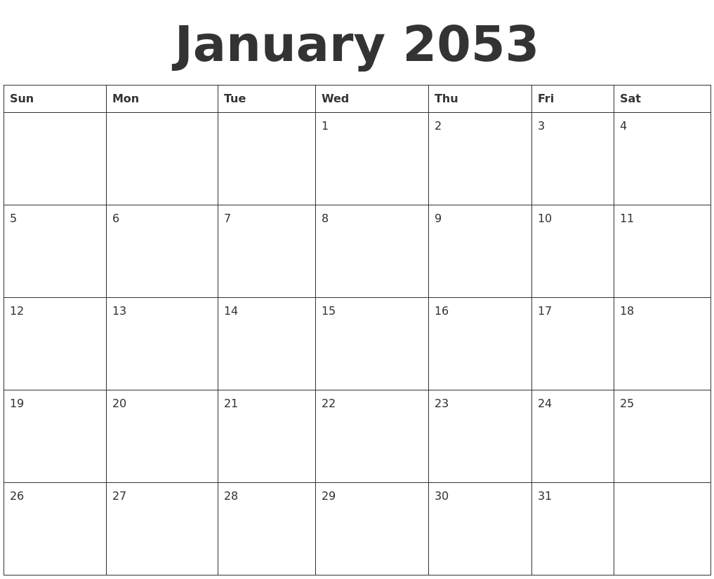 January 2053 Blank Calendar Template