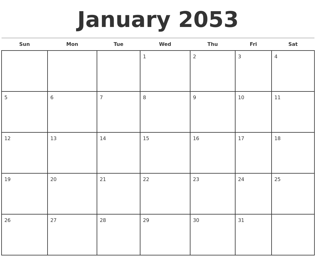 January 2053 Monthly Calendar Template