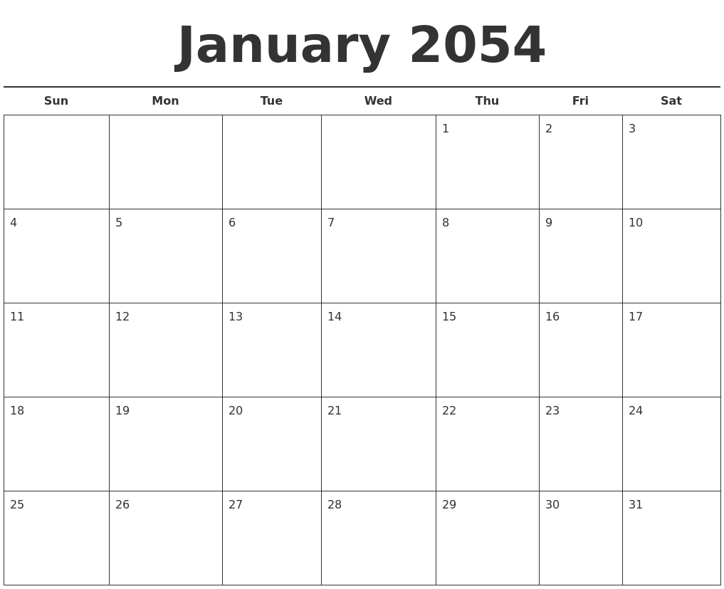 January 2054 Free Calendar Template
