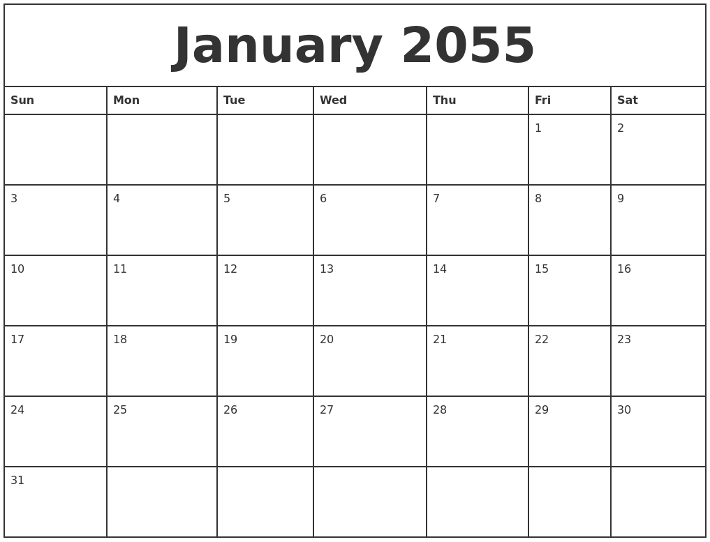 January 2055 Printable Monthly Calendar