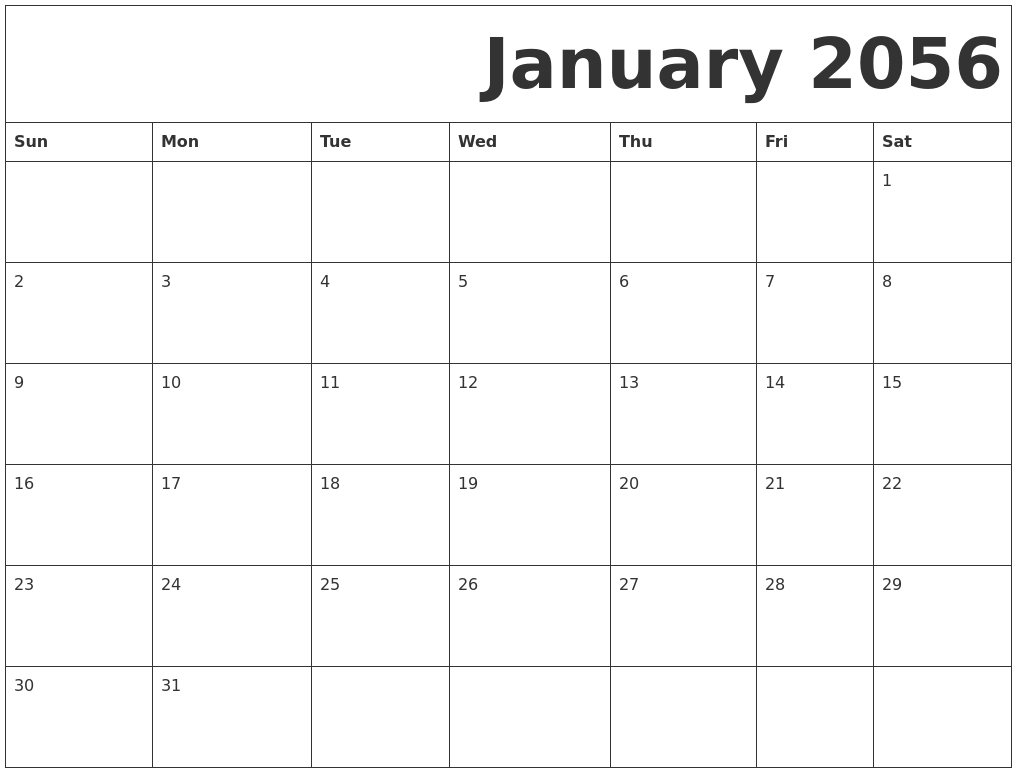 January 2056 Free Printable Calendar