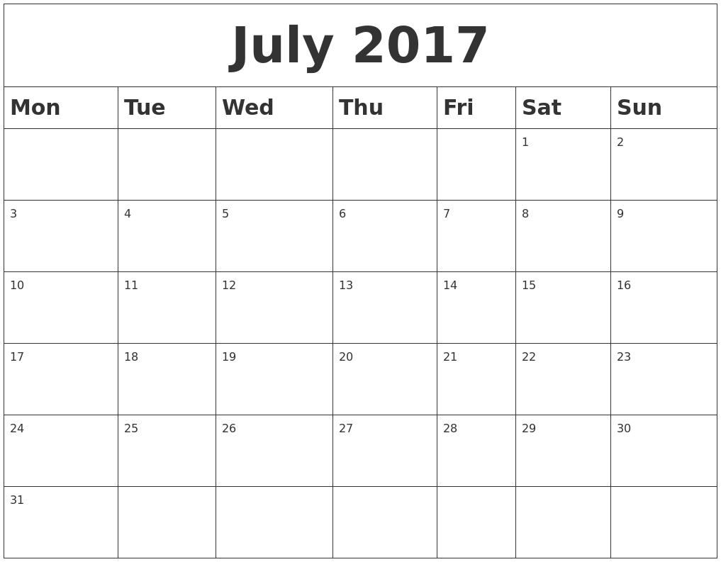 july 2017 blank calendar monday start