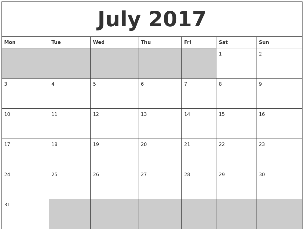july 2017 calendar printable