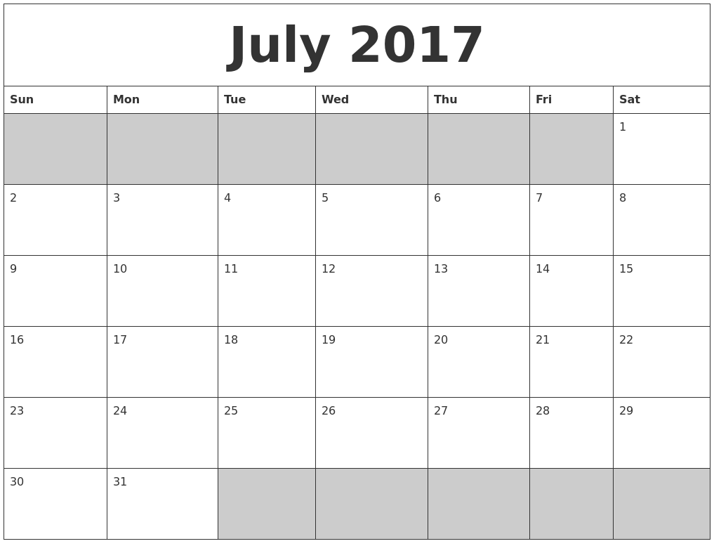 July 2017 Blank Calendar