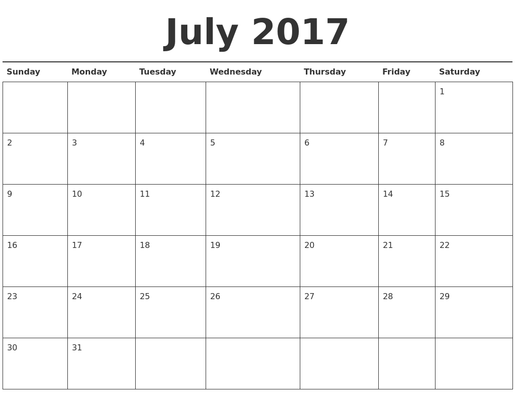 July 2017 Calendar Printable Template