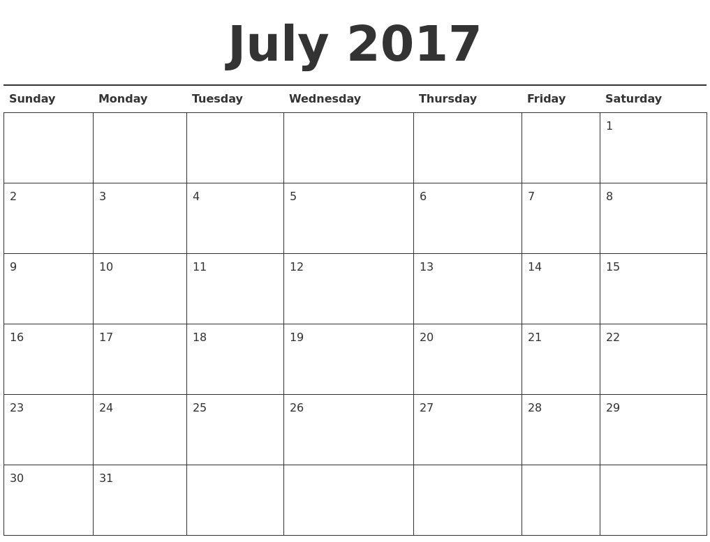 Printable July 2017 Calendar