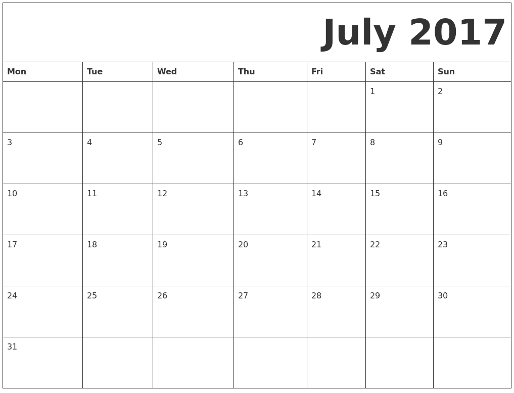 july 2017 calendar printable