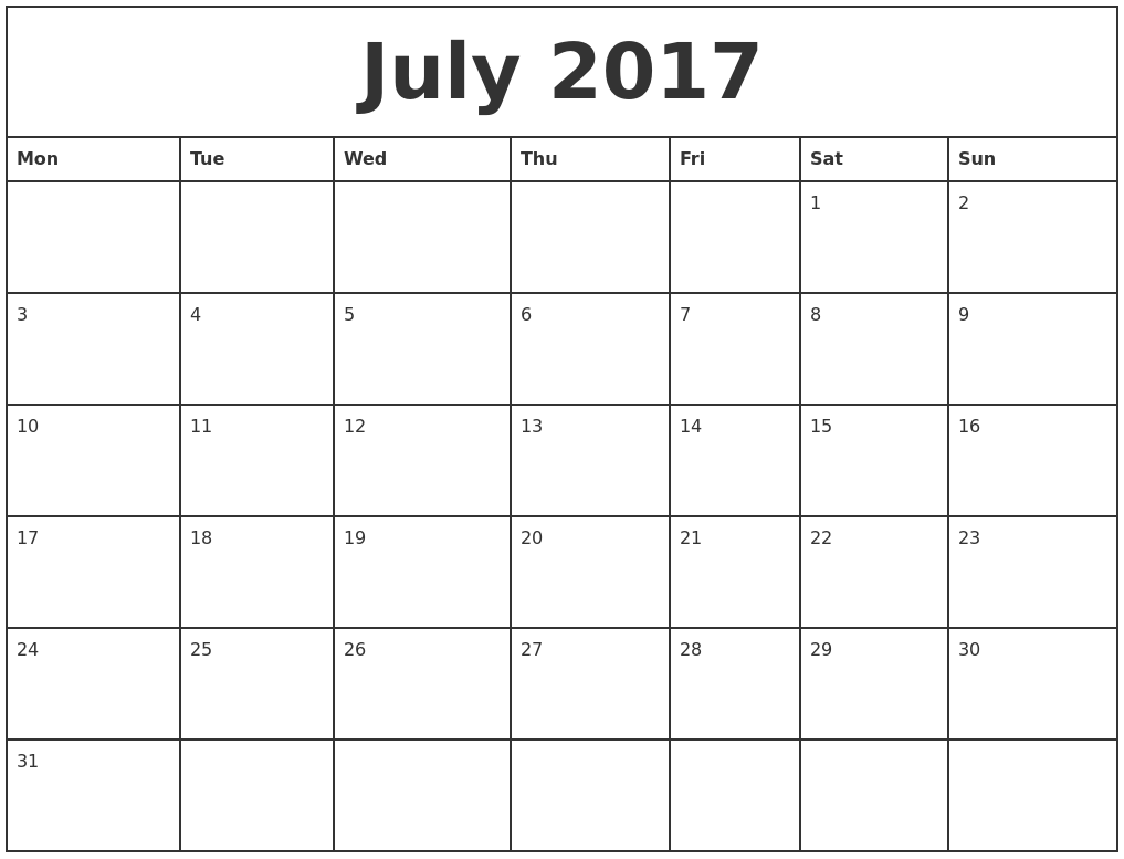 july 2017 printable monthly calendar