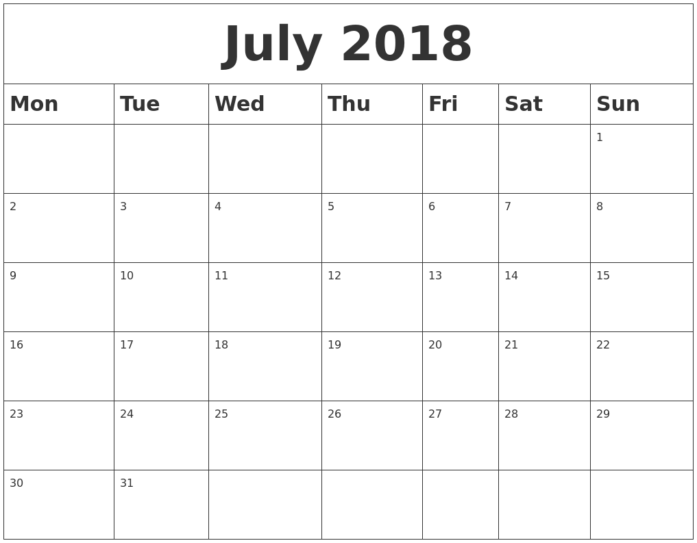 July 2018 Blank Calendar