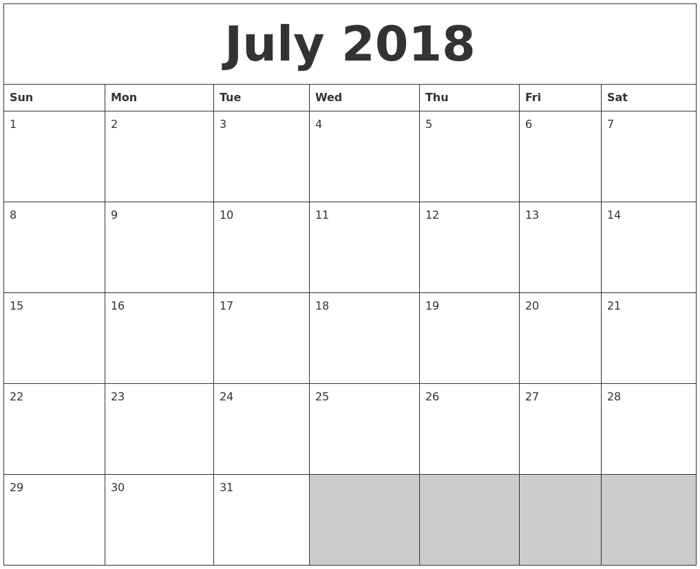 Blank July 2018 Calendar Printable