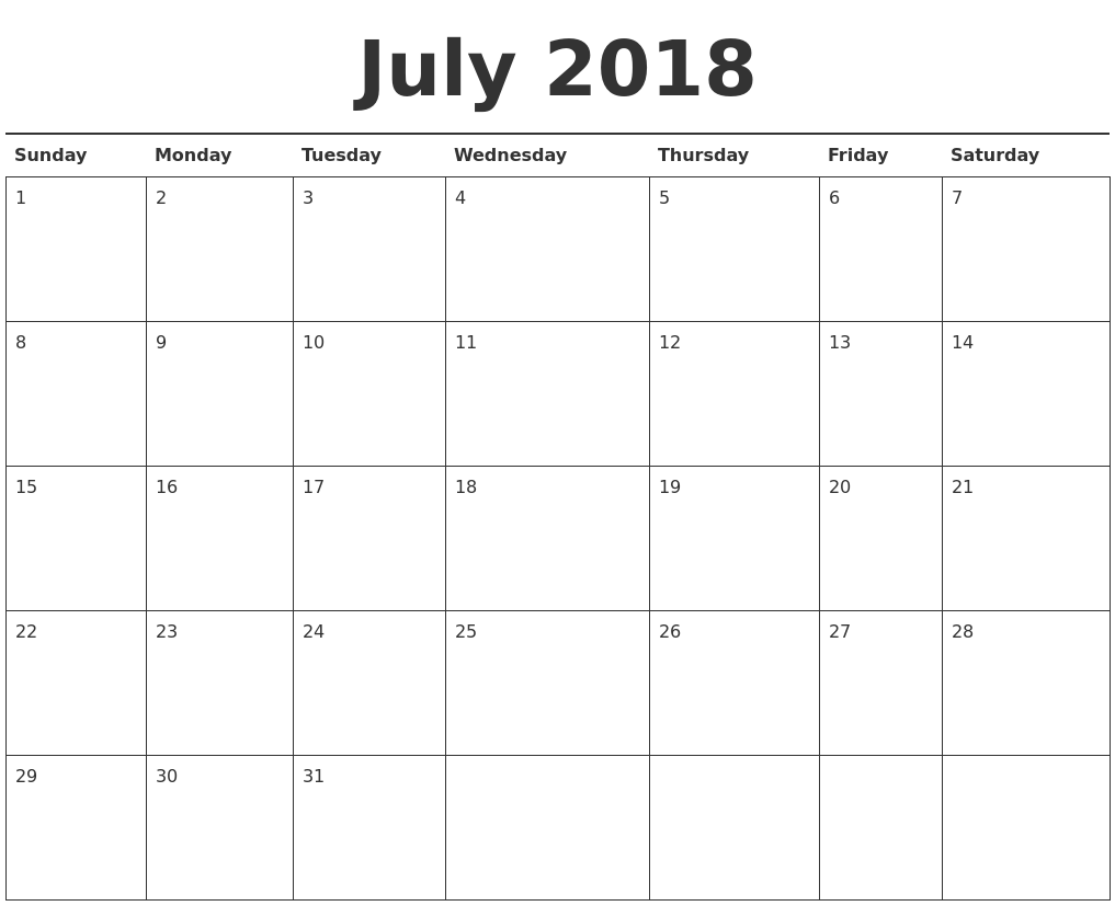 July 2018 Calendar A4