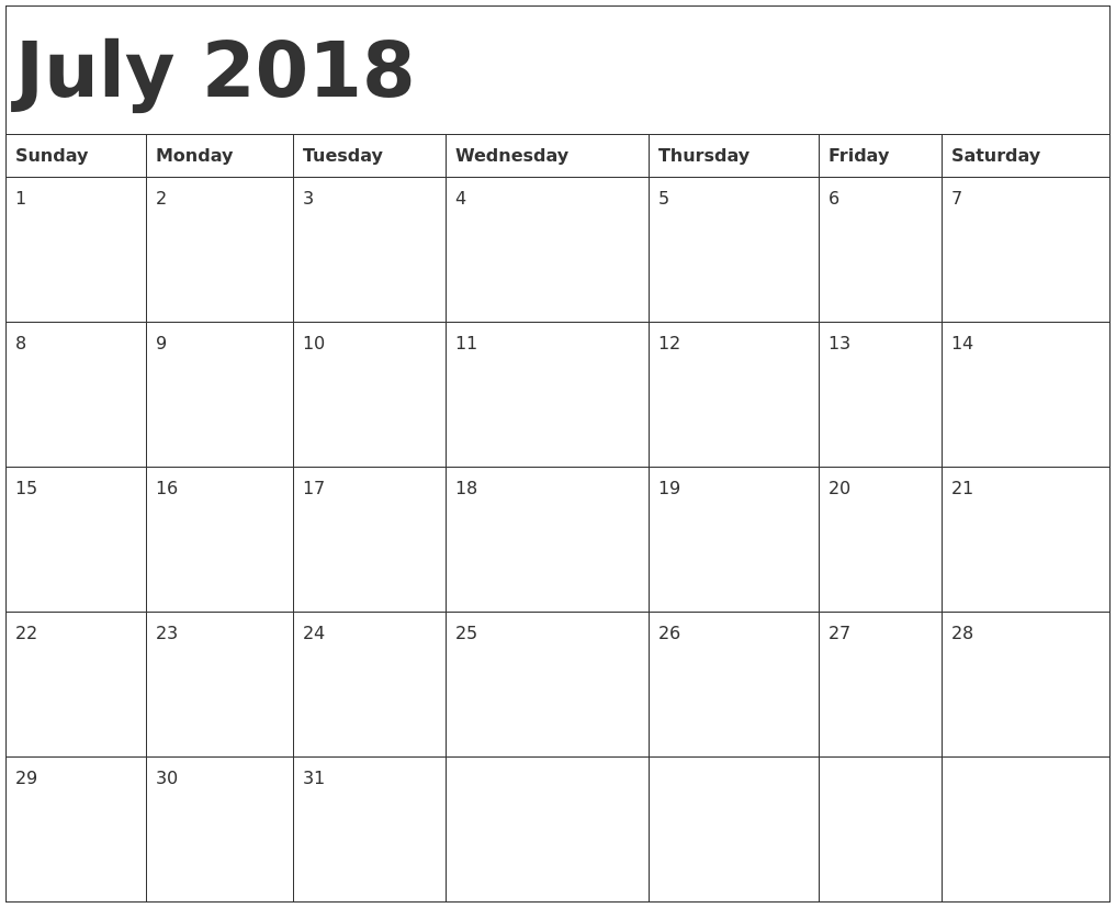 2018 Calendar Template July