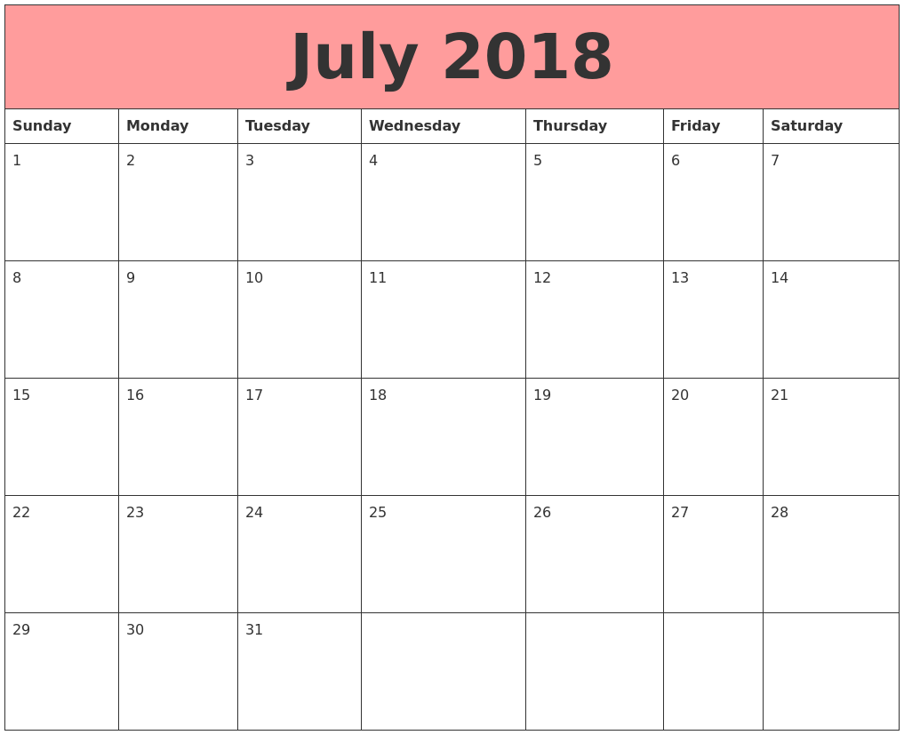 2018 july calendar