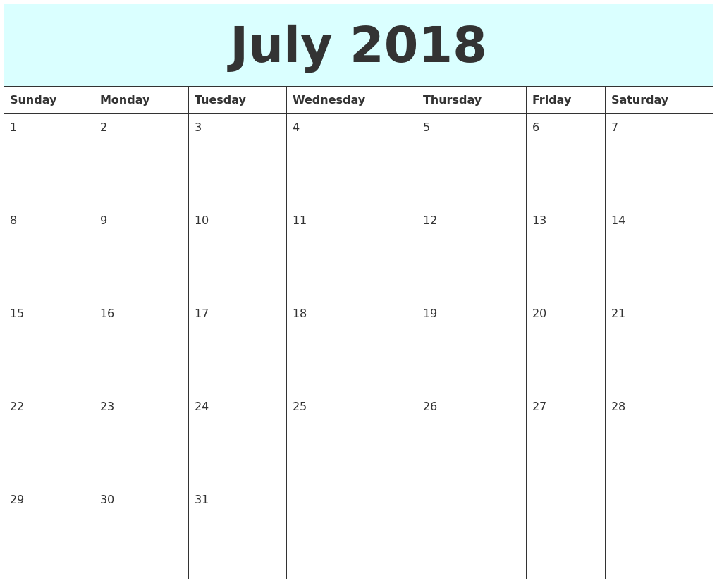 July 2018 Free Calendar