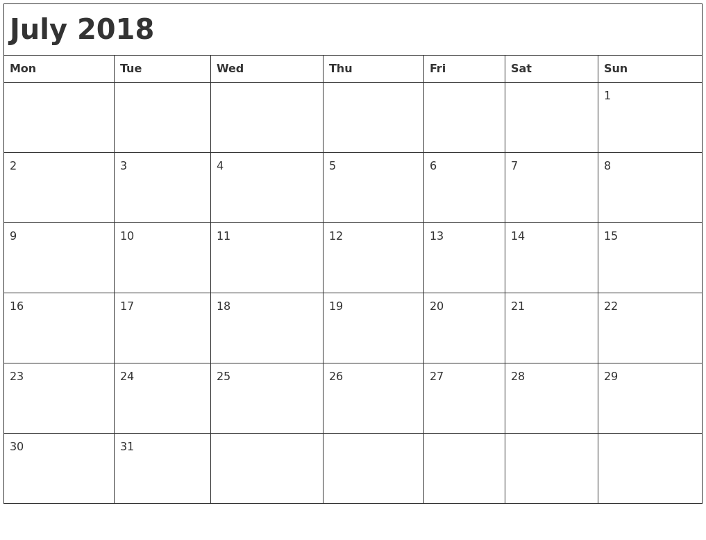 monthly calendar july 2018