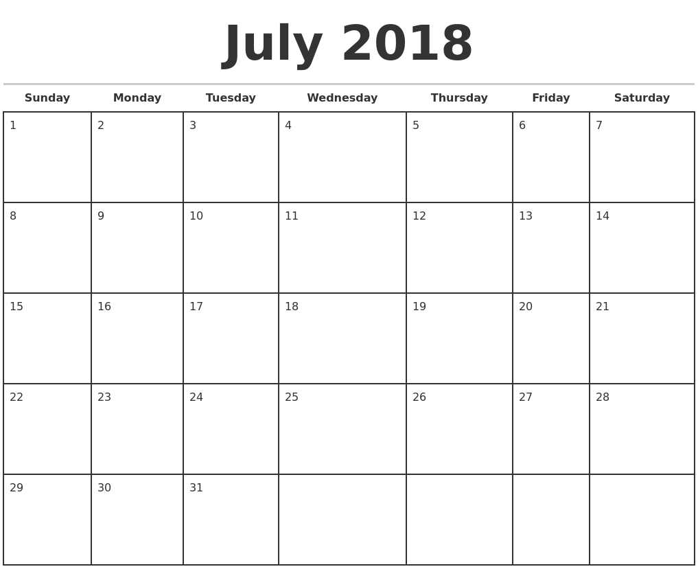monthly calendar template 2018