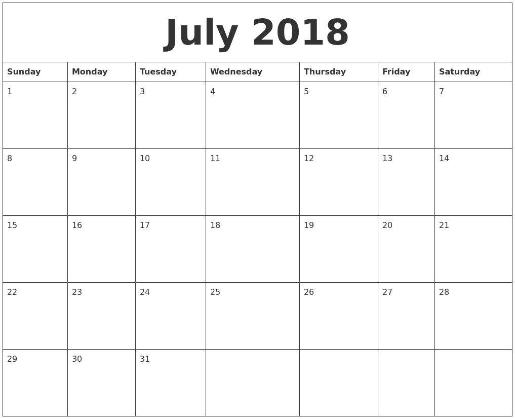 july 2018 print monthly calendar full weekday