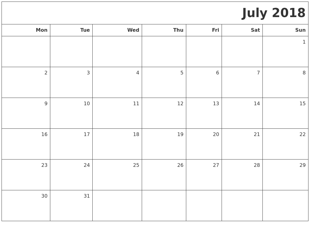 blank calendar for july 2018