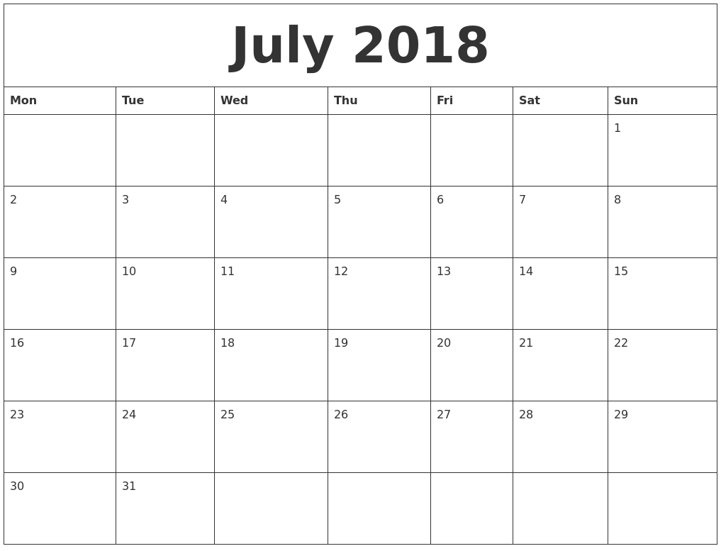 July 2018 Printable Calendar Free