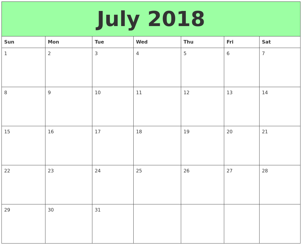 2018 July Calendar Excel