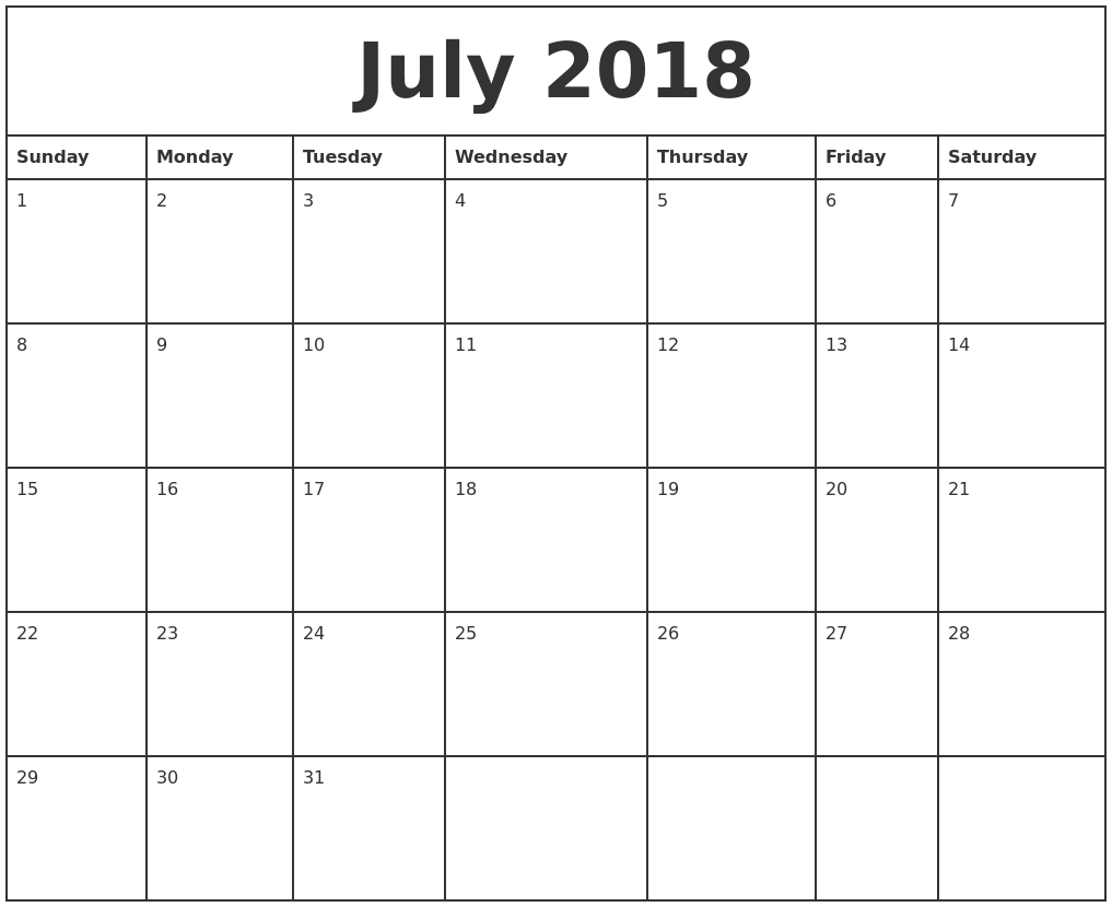 monthly calendar template 2018
