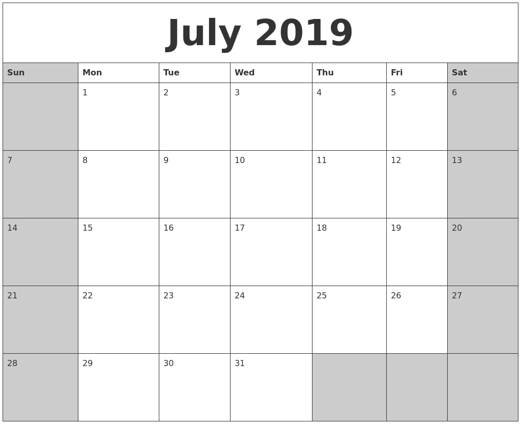 July 2019 Calanders