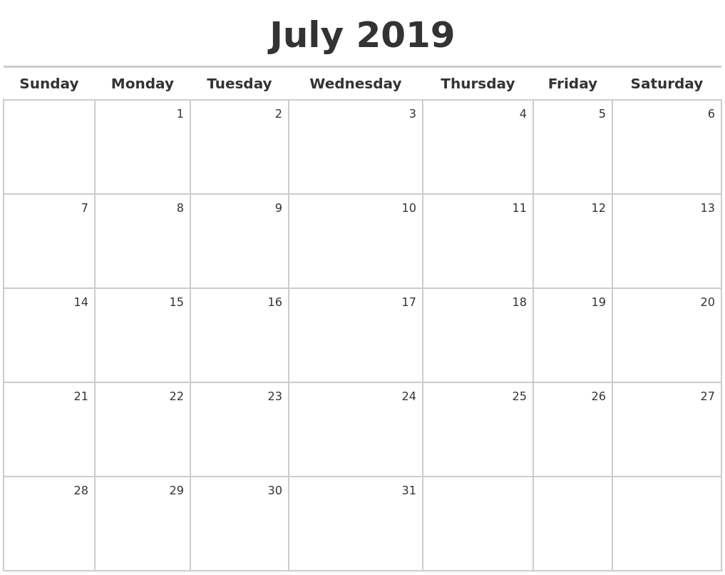 July 2019 Calendar - FREE DOWNLOAD
