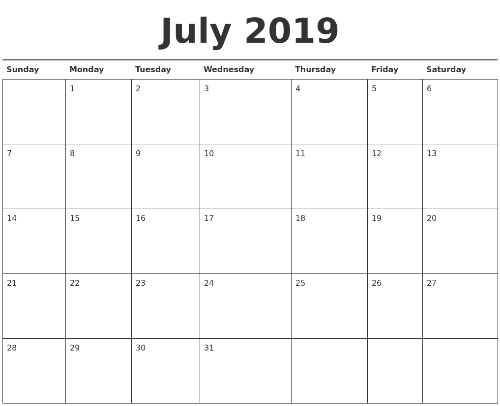 july 2019 calendar printable full weekday