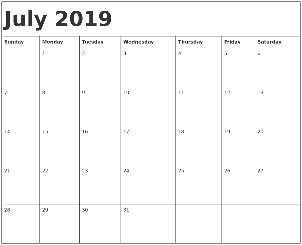 2019 July Calendar Template PDF File
