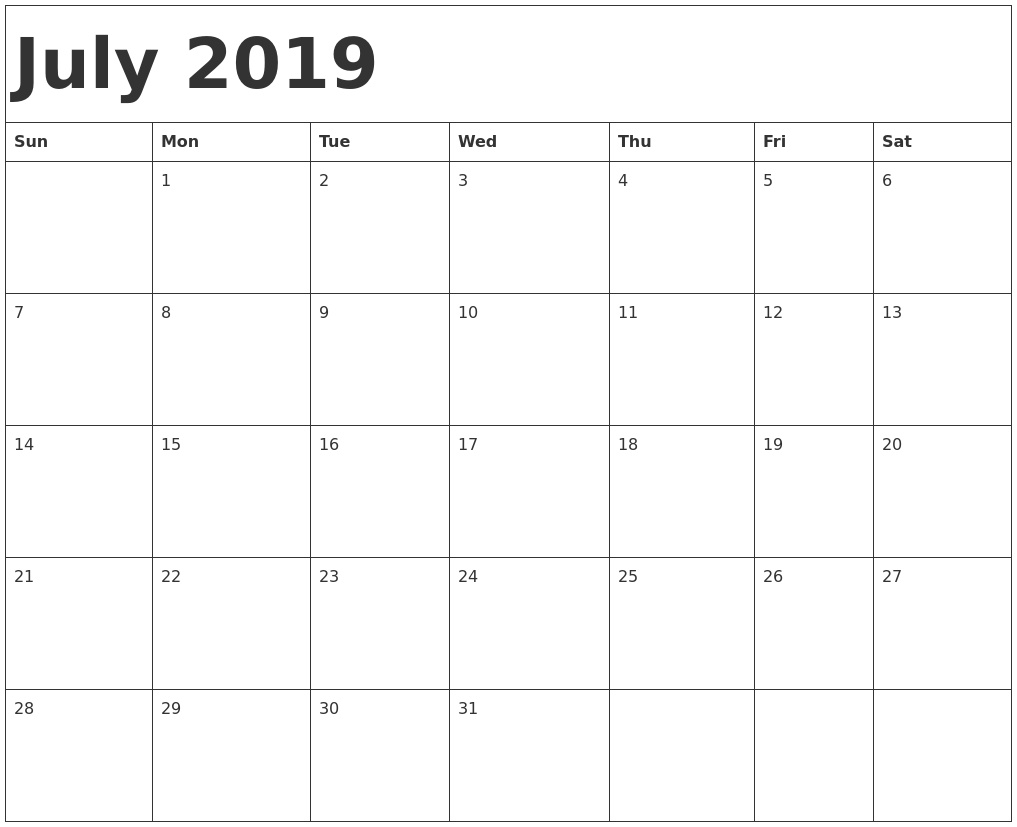 July 2019 Calendar Blank