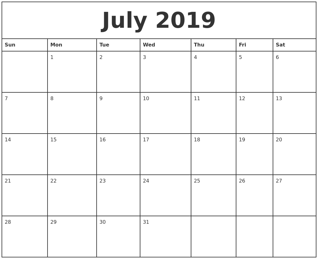 July Calendar Printable 2019