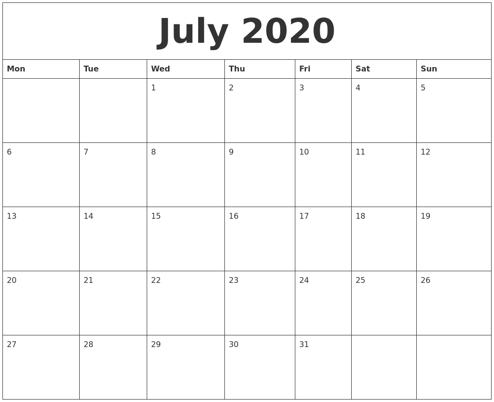 July 2020 Blank Calendar Printable