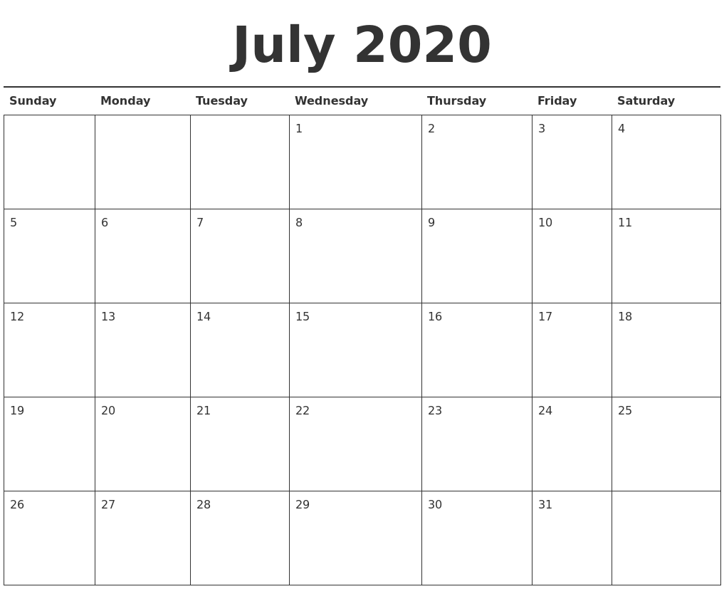 July 2020 Calendar Printable