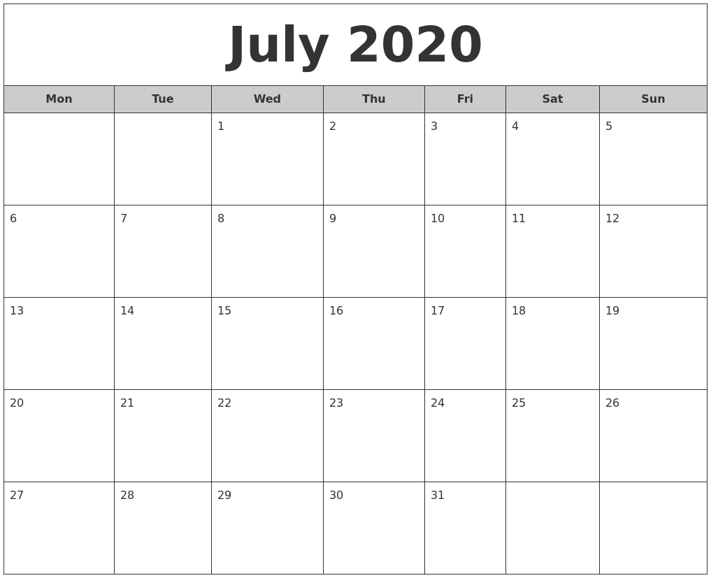 July 2020 Free Monthly Calendar