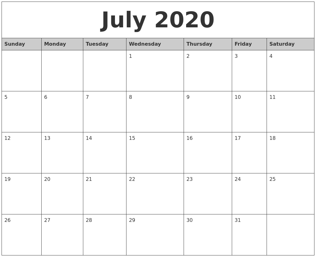 july 2020 monthly calendar printable july 2020 calendar printable word