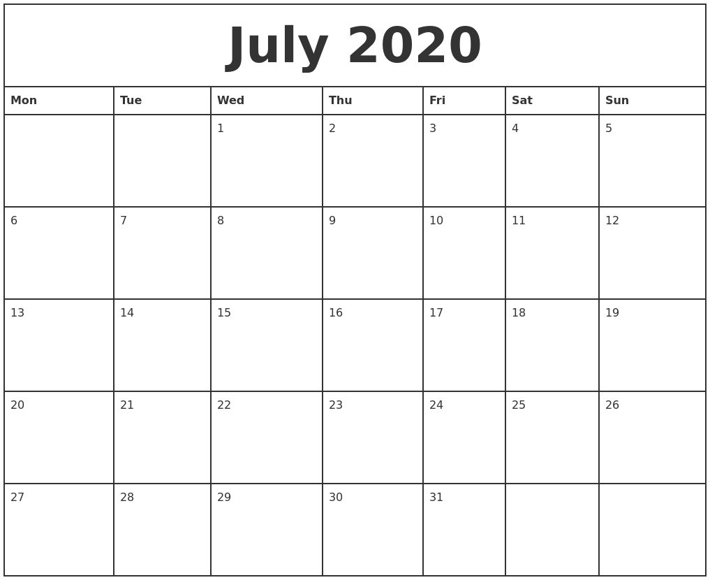 july 2020 printable monthly calendar 2020 monthly calendar printable free
