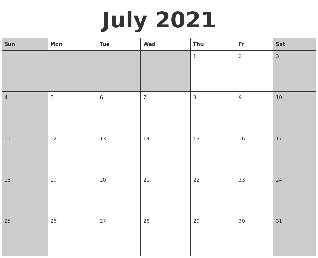 July 2021 Calanders