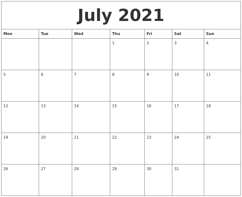 July 2021 Calendar Free Printable