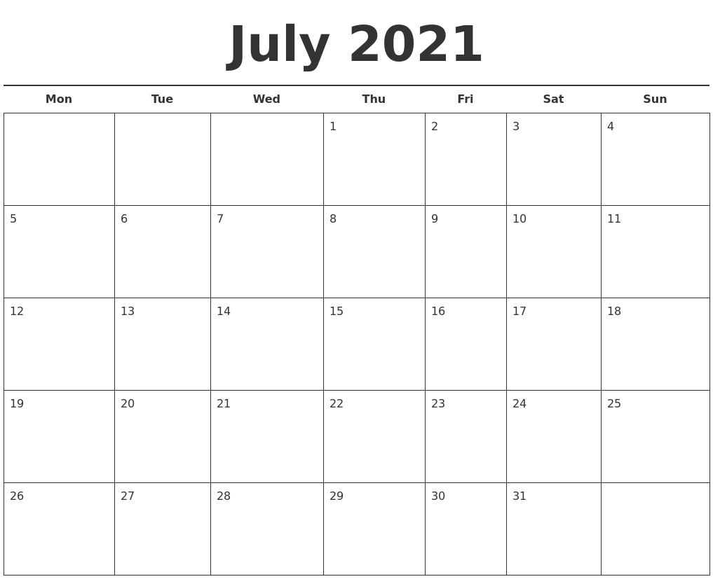 July 2021 Free Calendar Template