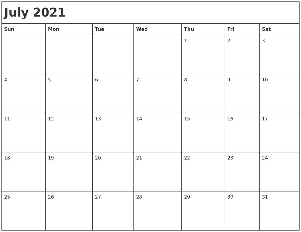July 2021 Month Calendar