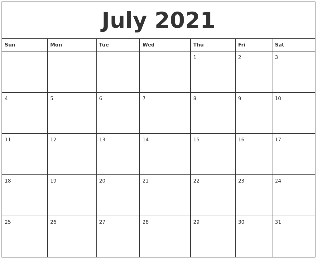 July 2021 Printable Monthly Calendar