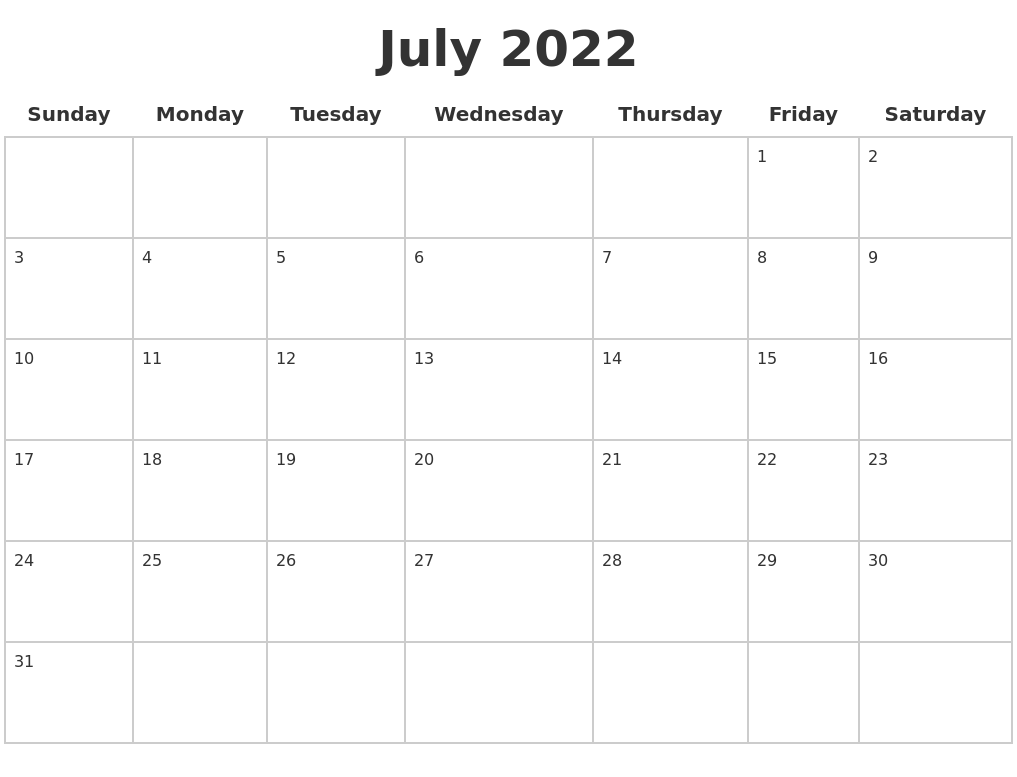 July 2022 Blank Calendar Pages
