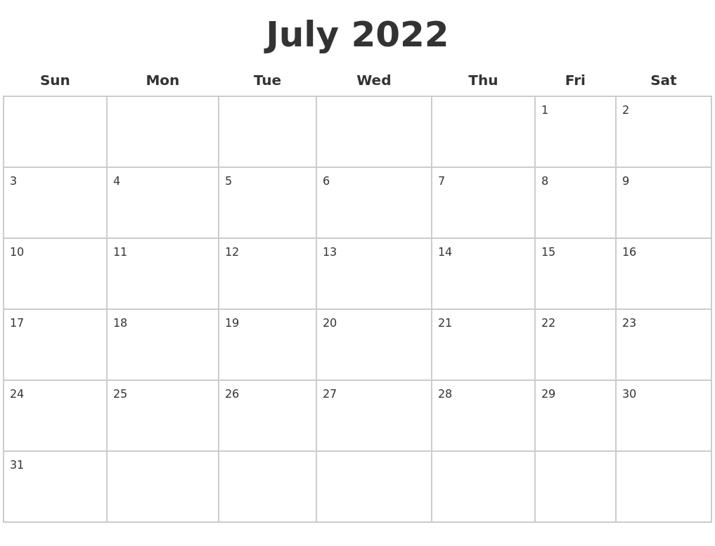 July 2022 Blank Calendar Pages