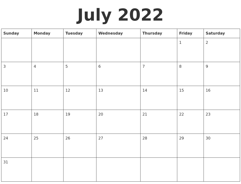 Blank Calendar Template July 2022