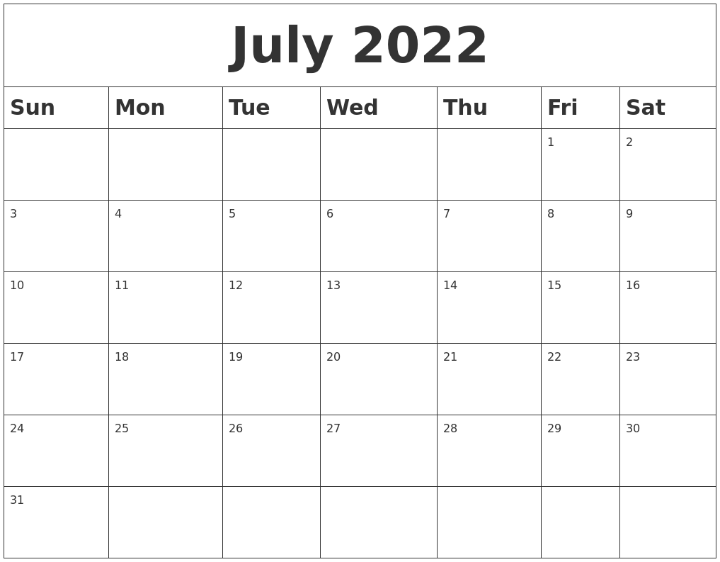 July 2022 Blank Calendar