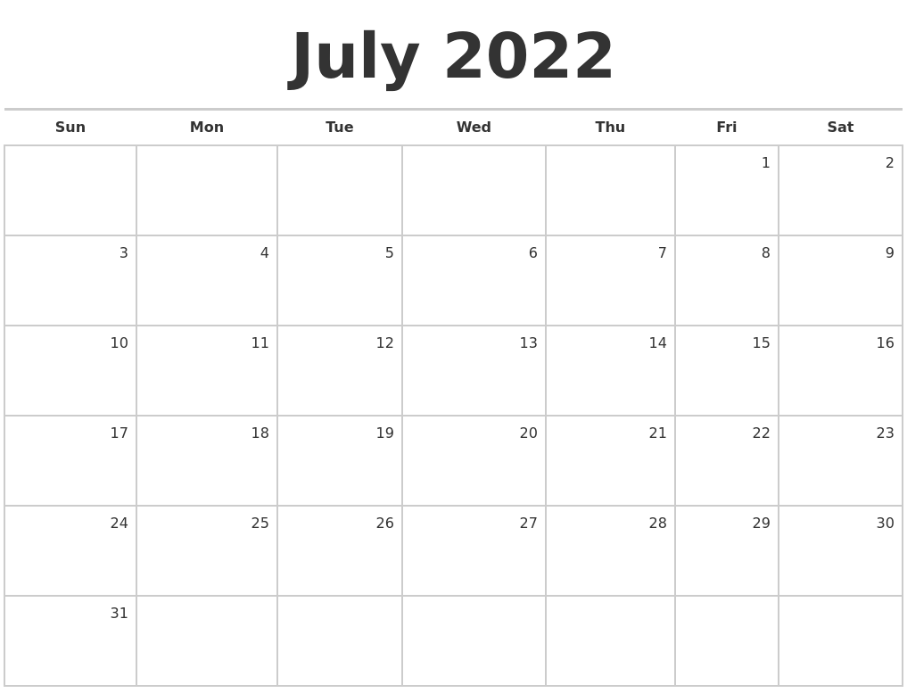 July 2022 Blank Monthly Calendar