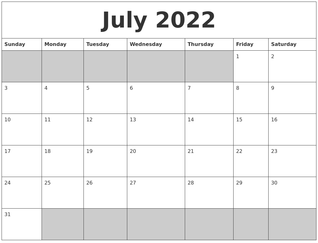 July 2022 Blank Printable Calendar