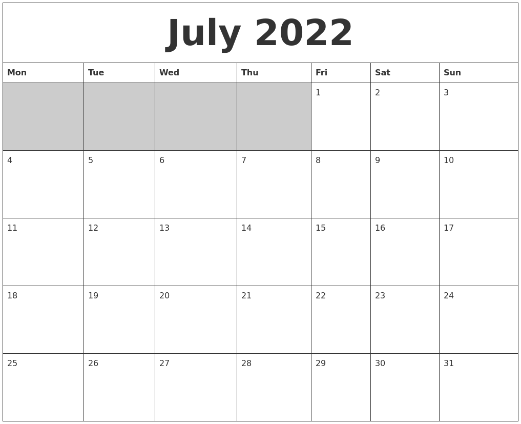 July 2022 Blank Printable Calendar