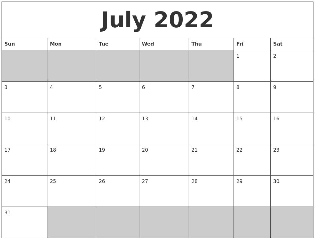July 2022 Blank Printable Calendar