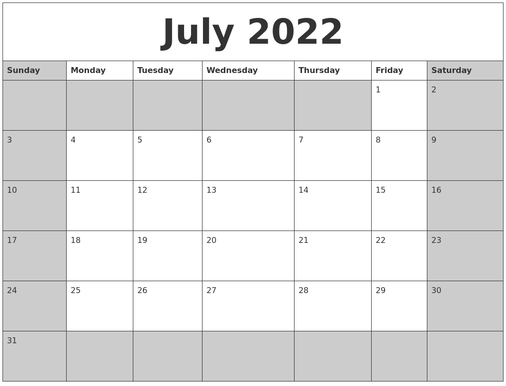 July 2022 Calanders